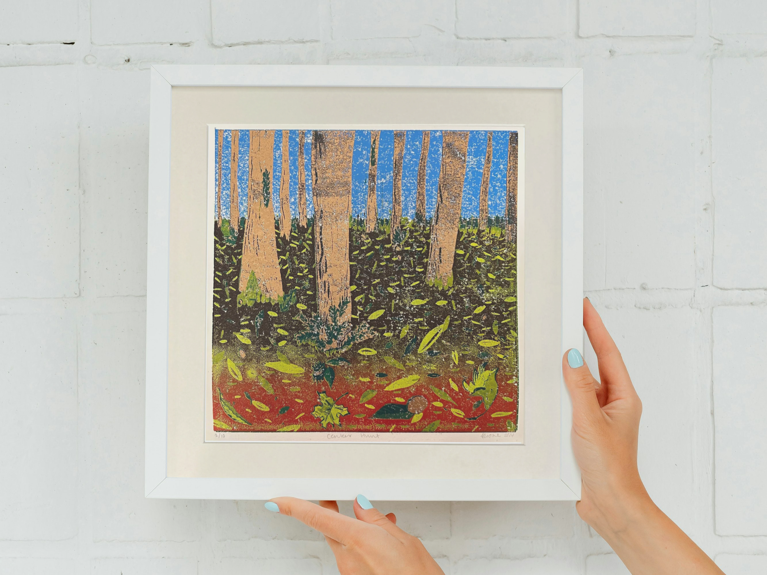 Autumnal Forest Themed Limited Edition Lino Print Wall Art - 'Conker Hunt' in copper, red, burgundy and greens