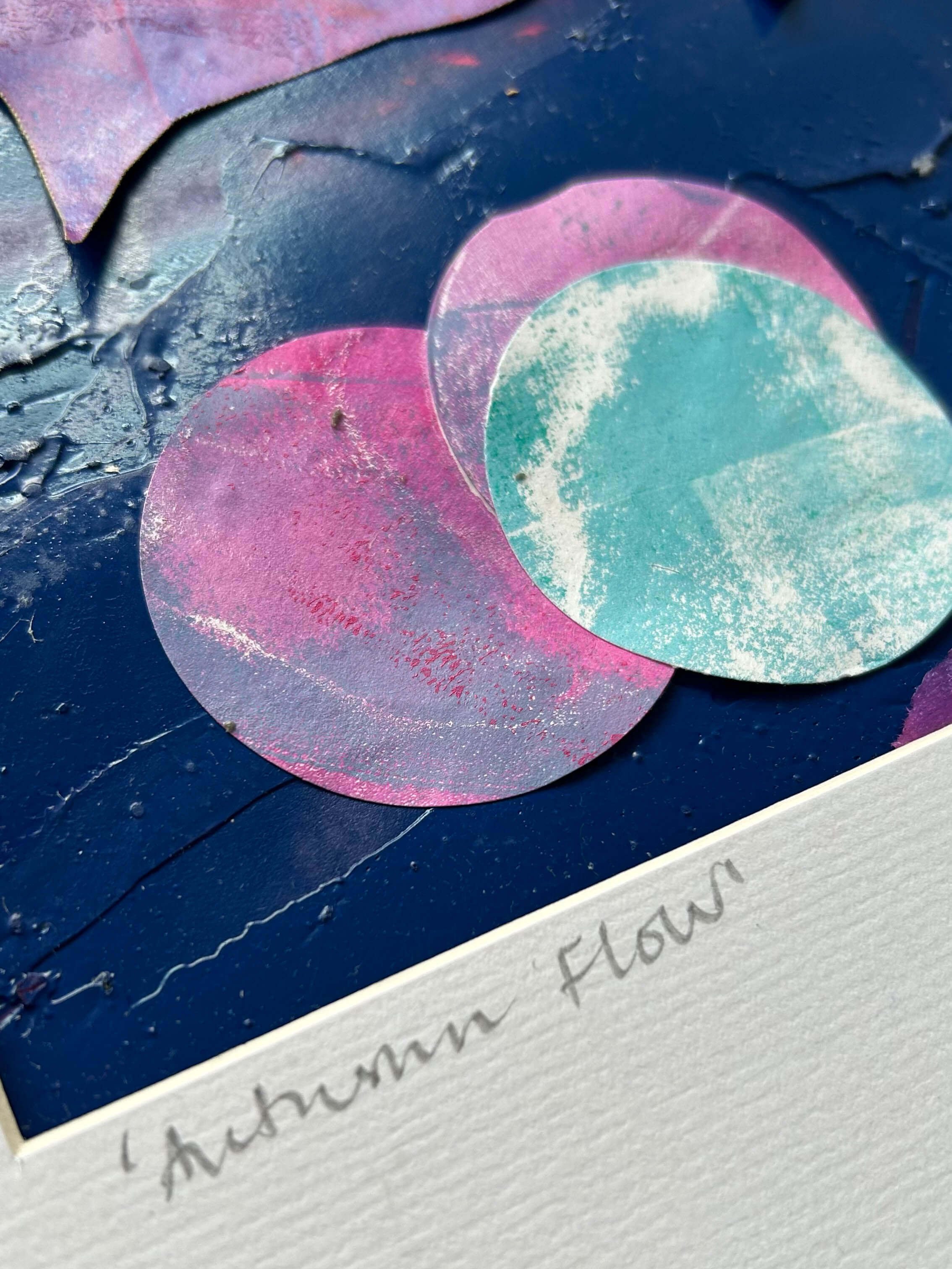 Autumn Flow Collage close up of name Artwork celebrating the imagined colours of autumn in a fantasy world - one of a kind collage of hand printed papers in oranges, purples and blues