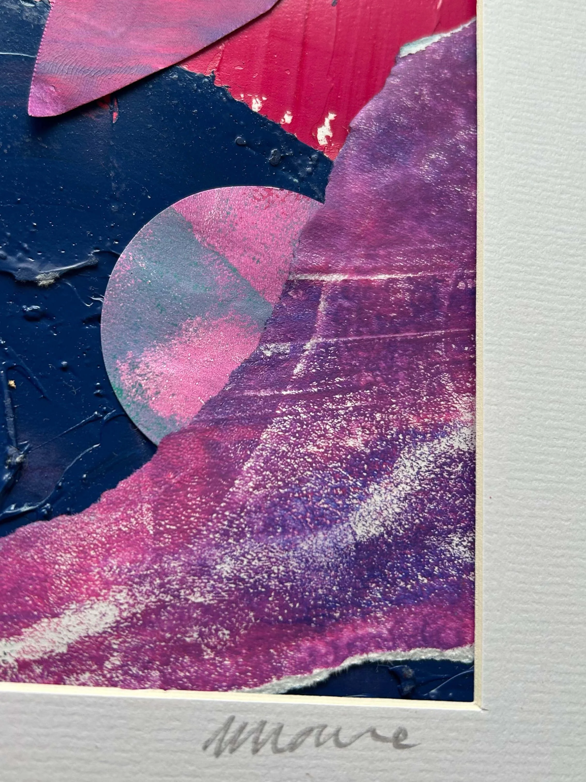 Autumn Flow Collage close up of signature and detail Artwork celebrating the imagined colours of autumn in a fantasy world - one of a kind collage of hand printed papers in oranges, purples and blues