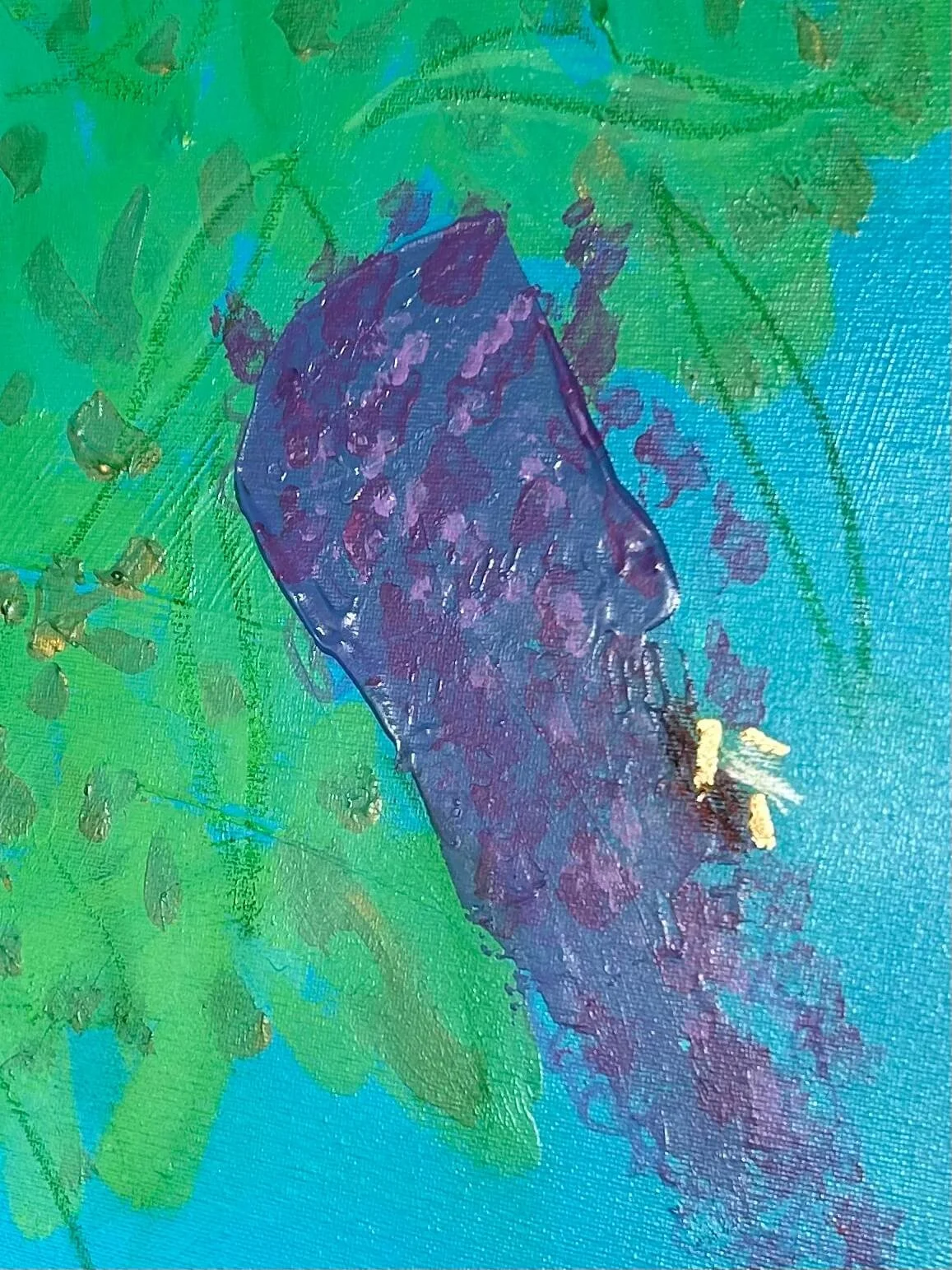 Close up details of gold leafed bee on buddleia plant on mixed media canvas.jpeg