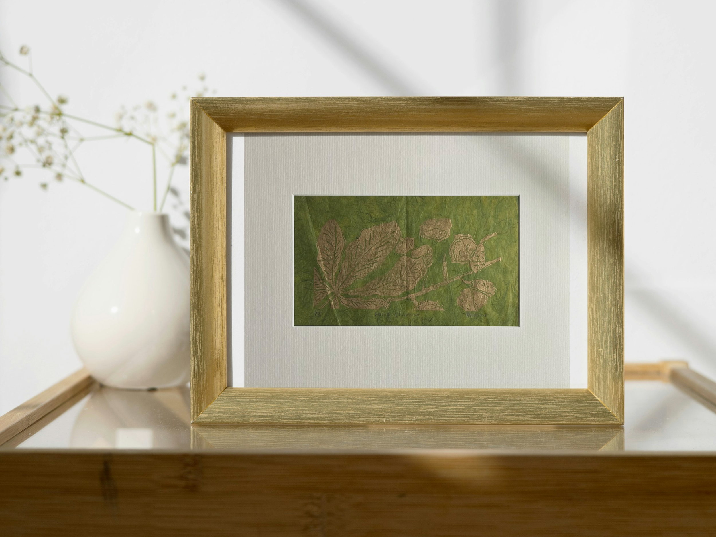 Horse Chestnut Leaf Hand Printed Original in Gold Ink on Textured Khaki Green Paper
