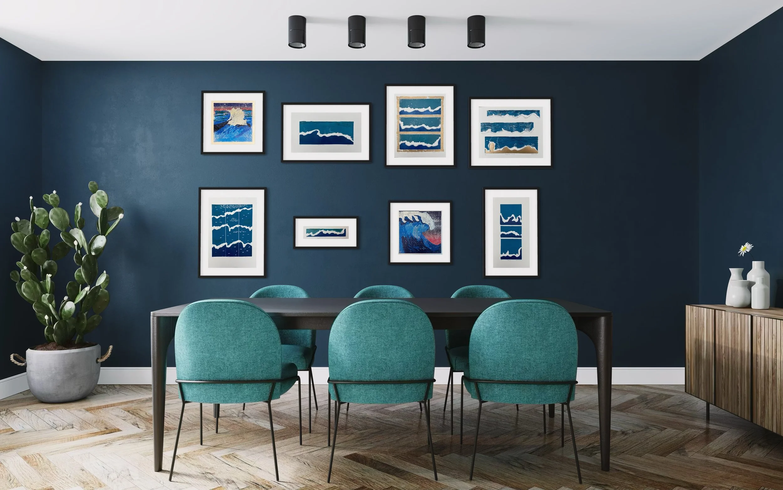 Modern seascape gallery wall in a navy and teal dining space
