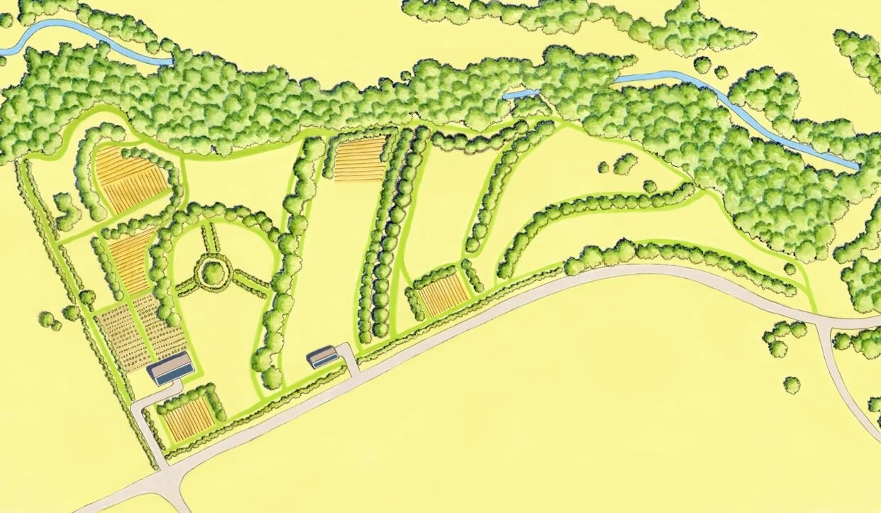 Riparian Agroforestry at SHO Farm, with perennial tree crops, pollinator habitat, native plant nursery, and biointensive raised annual beds.