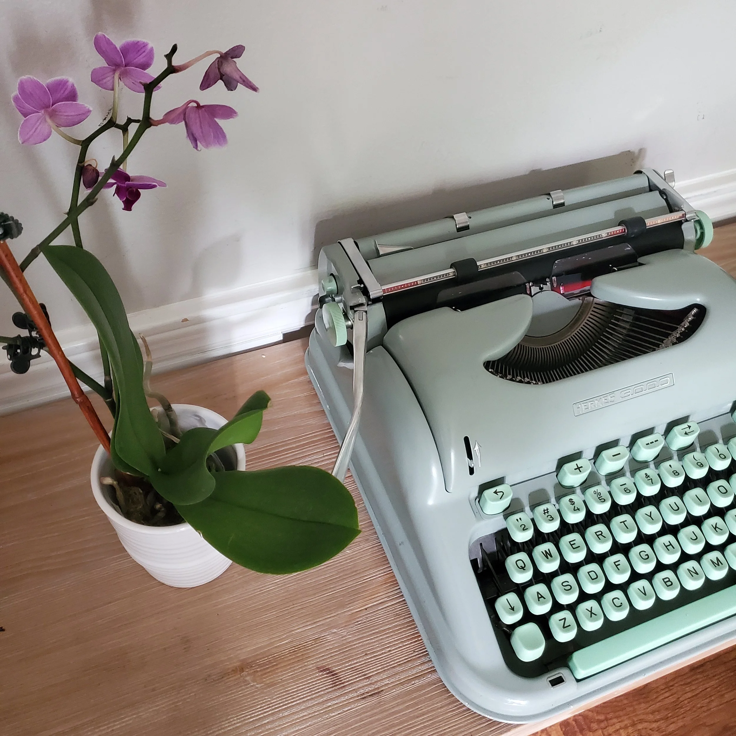 Restored Hermes 3000 typewriter in seafoam green with mint keys, beside an orchid.