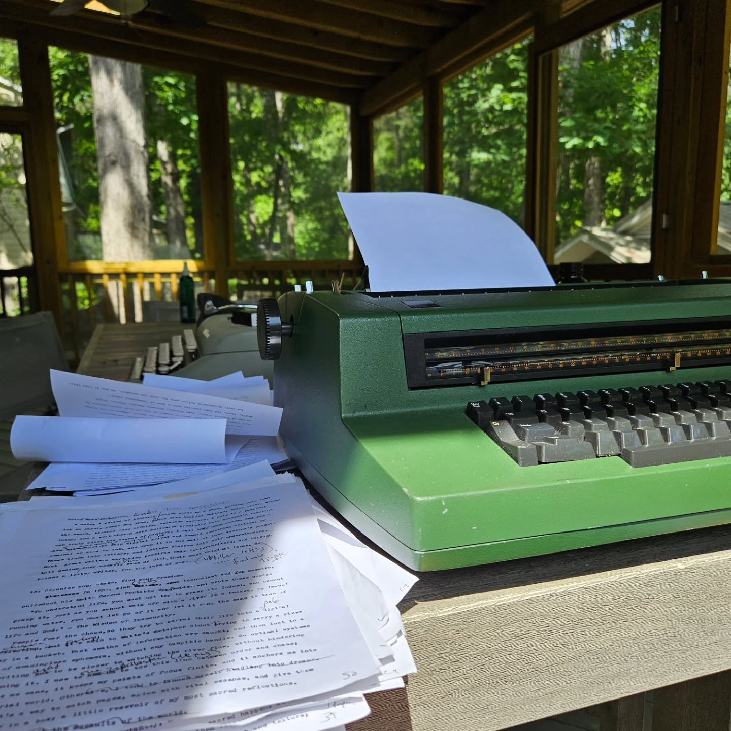 Draft number three.... of The Screenless Writer. Typed out on a selectric. This beast lives on the patio with a cover. Finally ran out of ribbon.... In the midst of what I thought was an inspired passage.... Luckily I had another one on hand.

Learni