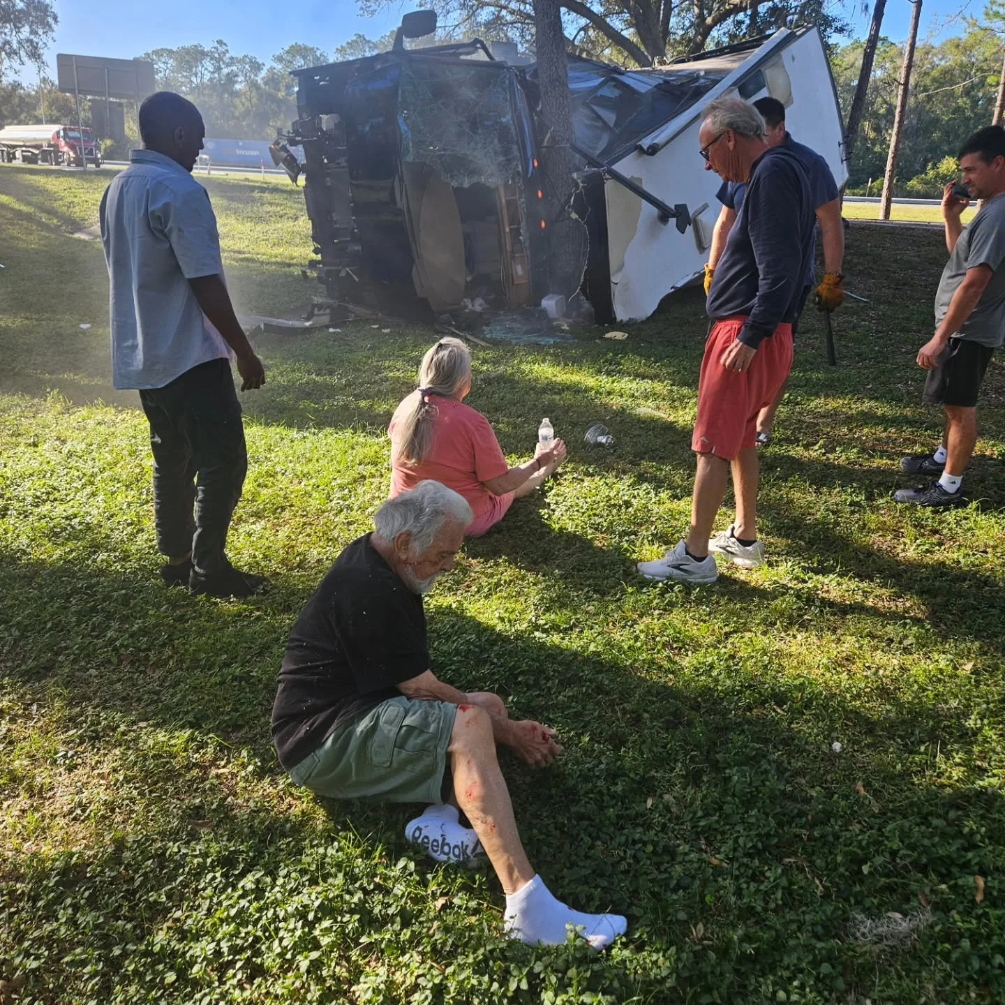 I was sitting at a rest stop in Florida, chatting, when an r v squealed off the road and slammed into a tree ride by us. 

Fortunately everyone was okay. We essentially broke open the window and sat with the people until the ambulance came and took t