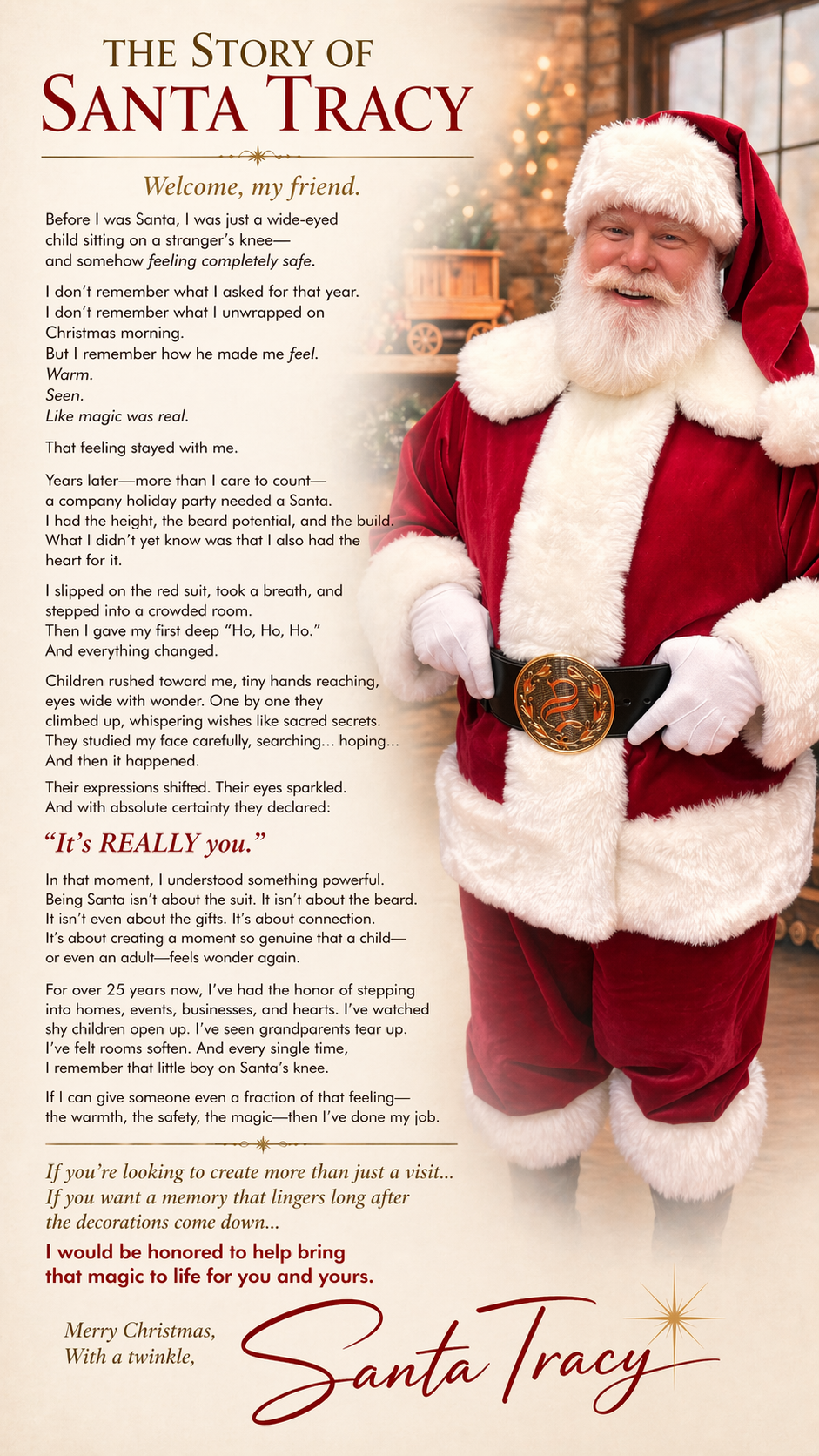 A festive Christmas scene featuring Santa Claus dressed in his traditional red suit with white fur trim, a red hat with a white pom-pom, standing inside a decorated room with Christmas lights and ornaments visible in the background.