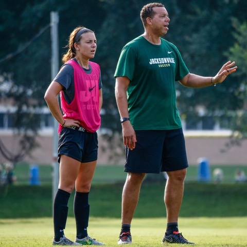 Coach Busby providing instruction during a JU Women’s Soccer Training Session
