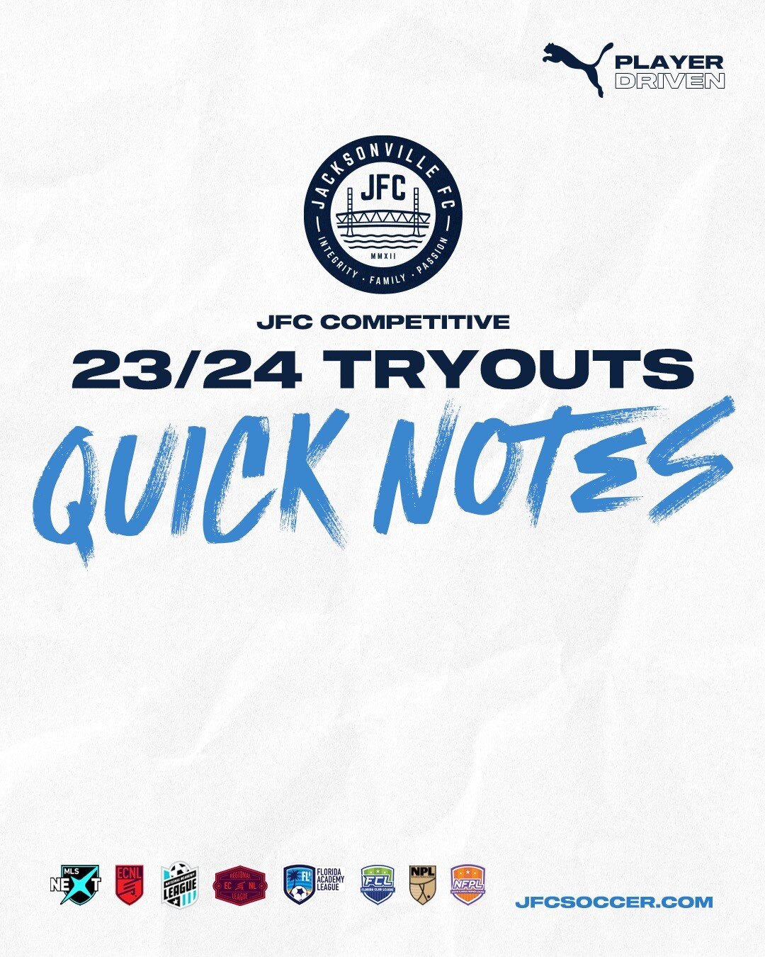 It's DAY 1 for the 2023/2024 JFC Competitive Tryouts!!! Here are a few Quick Notes to keep in mind during the tryout process.

We decided to leave off the note about parents not being allowed to yell kick it, boot it, or send it at any point during t