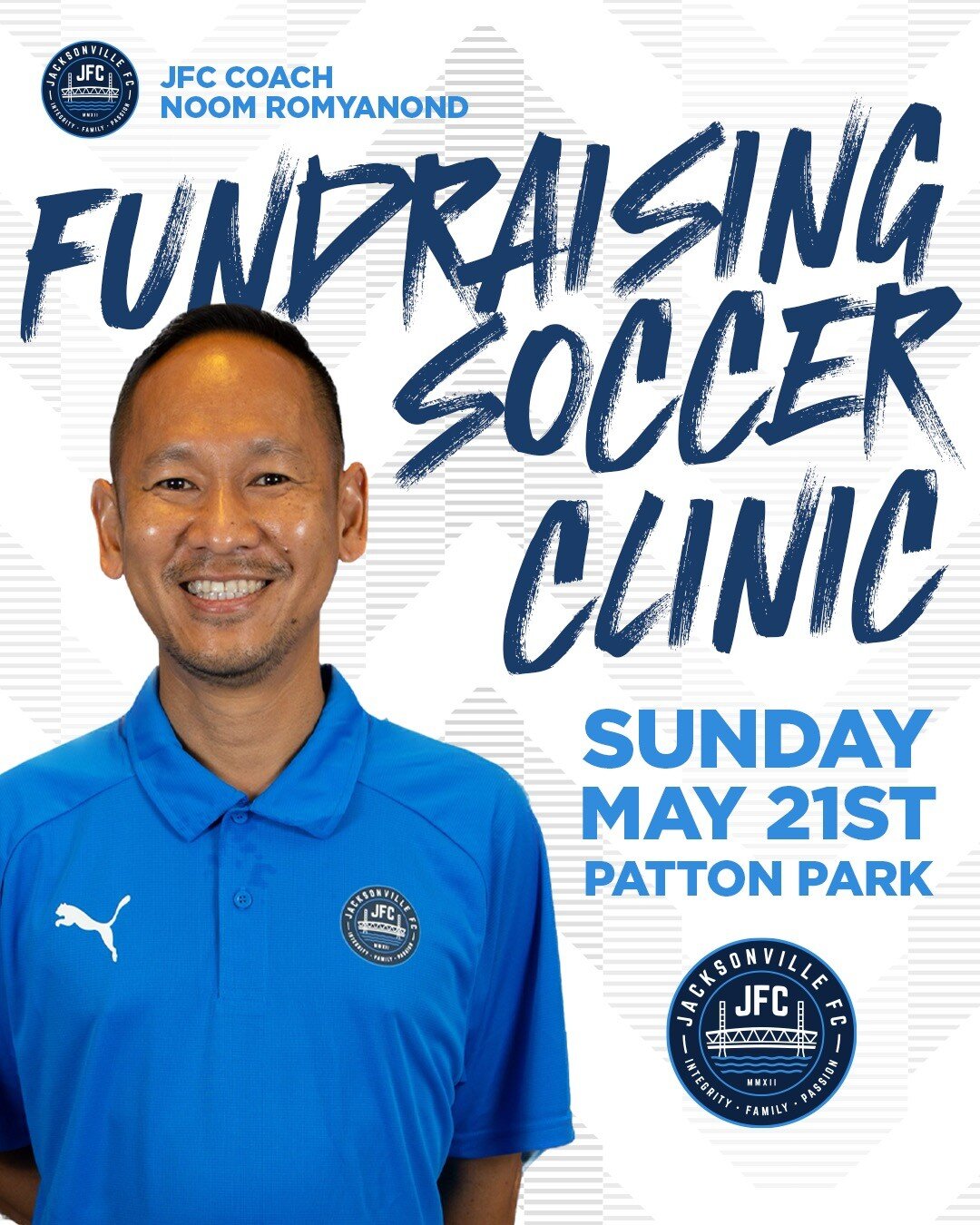 We are excited to announce that we are organizing a fundraising soccer clinic to help raise money for Coach Noom and his family in their battle against cancer.

The clinic will be held on Sunday, May 21st at Patton Park (Hodges Blvd) from 9am to 11am