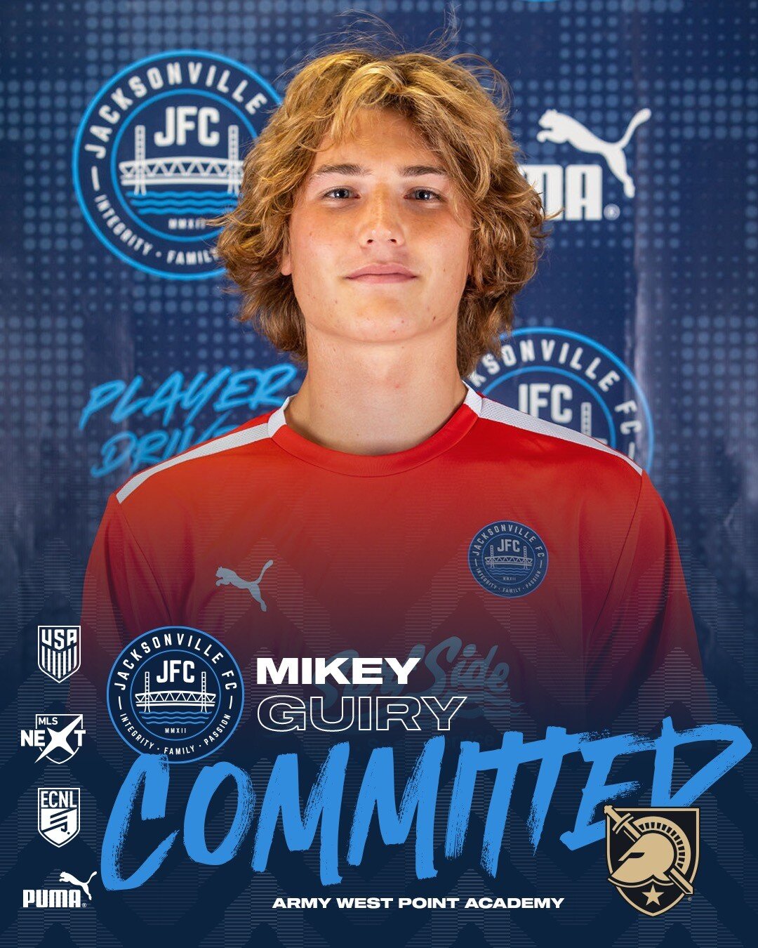 JFC is thrilled to announce that Mikey Guiry has committed to play collegiate soccer at Army/West Point Academy and will be serving his country as a member of the United States Army. This is an incredible achievement and we are incredibly proud of Mi