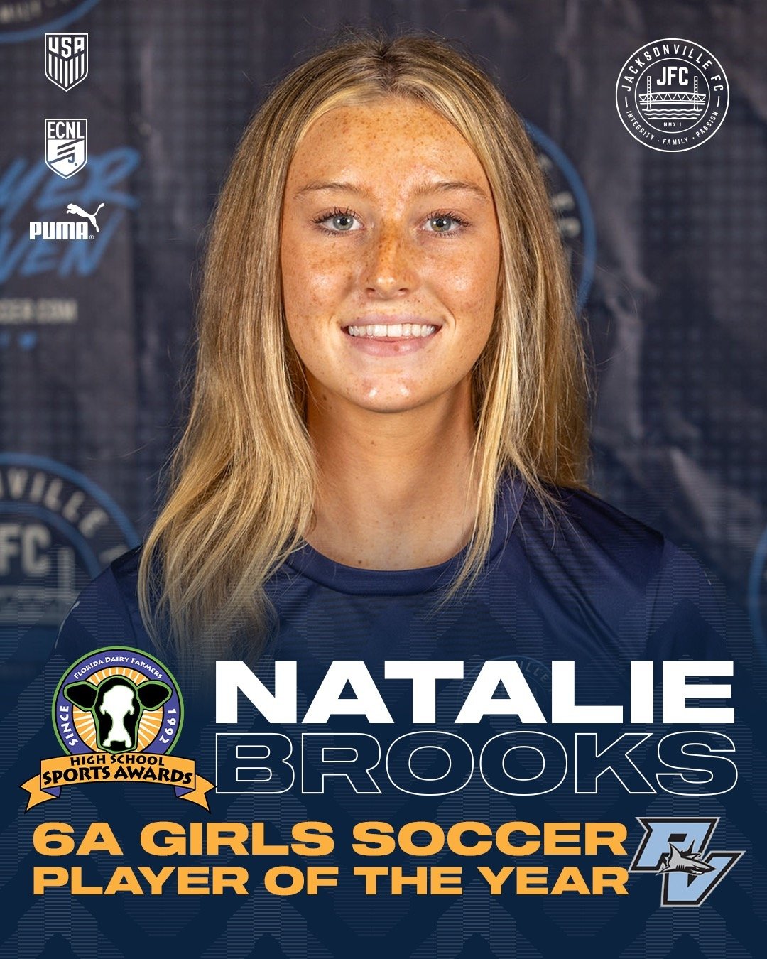 Congratulations to Natalie Brooks, JFC and Ponte Vedra High School's standout sophomore forward, on clinching the prestigious Florida Dairy Farmers Class 6A Girls Soccer Player of the Year award!

Your remarkable talent, dedication, and leadership ha