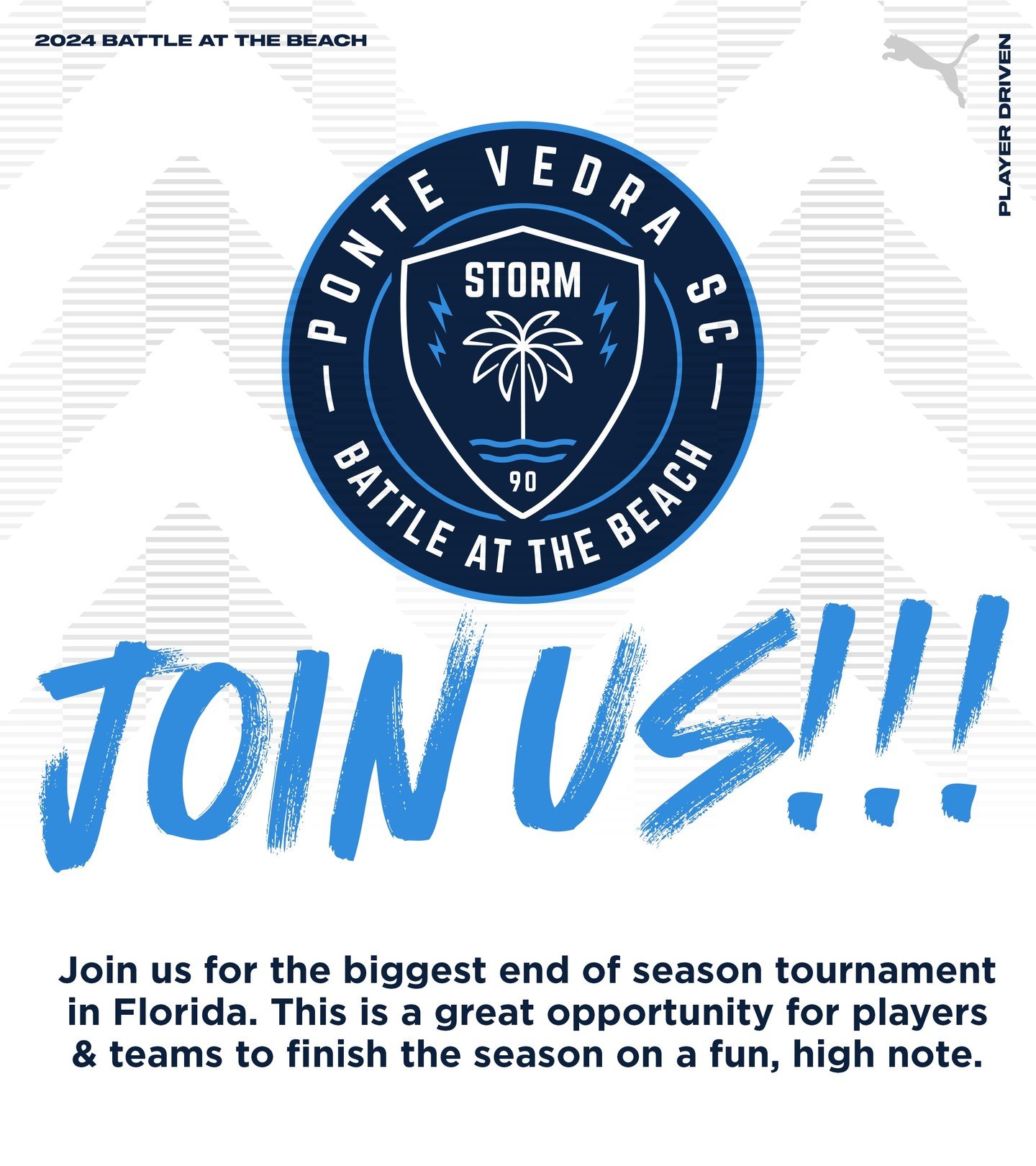 Join us at the 2024 PVSC Battle at the Beach soccer tournament April 26th - 28th in Ponte Vedra Beach, Florida!

Calling all teams to register now and secure your spot in this fun end of season event! Don't miss out on the action-packed fun. Register