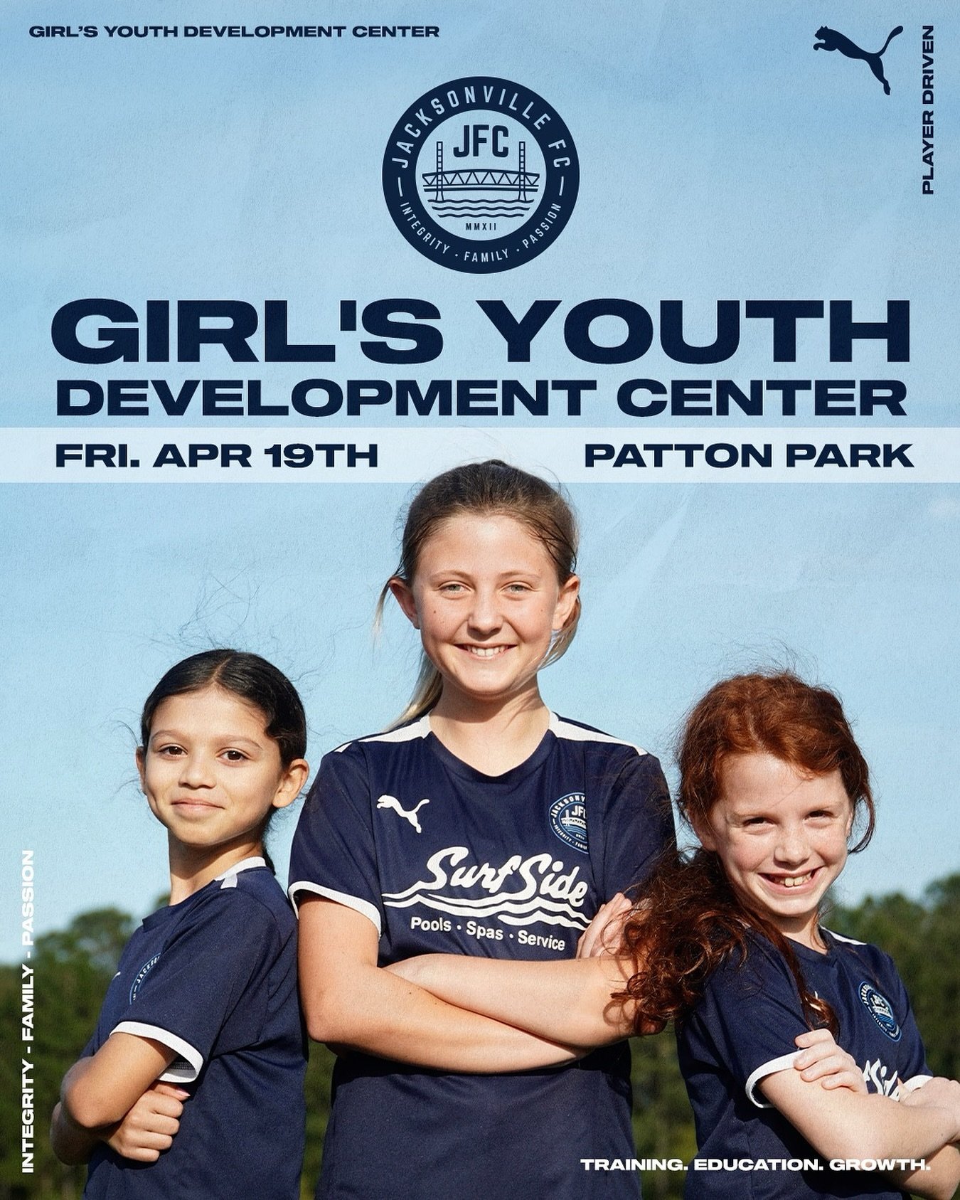 Our second JFC Girls Youth Development Center Clinic will be held on Friday, April 19th at Patton Park on Field 6 from 6:30pm to 7:45pm. 

This free girls clinic is being offered to players with 2018, 2017 and 2016 birth years.&nbsp;

Even if your da