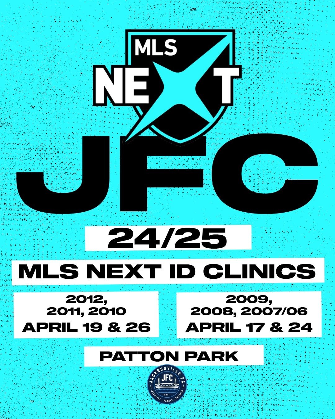 !!! Attention !!! Attention !!!

Sign up by 12:00am tonight to participate in the first of four JFC MLS NEXT ID Clinics tomorrow at Patton Park.

2009, 2008, and 2007/06 age groups are up first tomorrow and 2012, 2011, and 2010's are on the field Fri