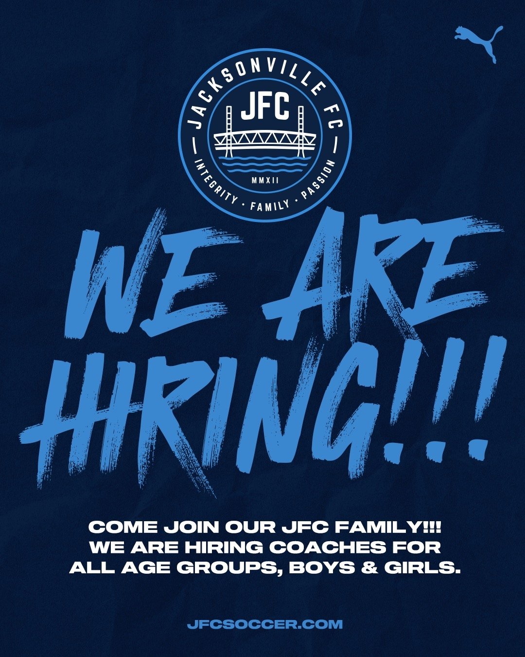 Come join our JFC Family!!!


We are hiring coaches for all age groups, boys and girls. 

Click the link in our profile and drop us a line.

#PlayerDriven #904JFC