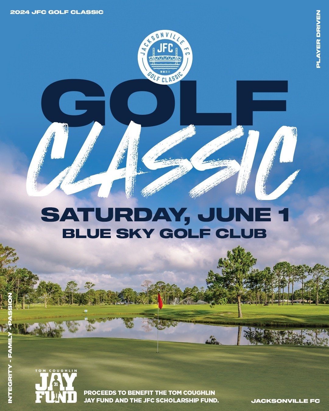 Join us for The 2024 Jacksonville FC Golf Classic on June 1st at Blue Sky Golf Club.

Your participation will benefit two important causes: the Tom Coughlin Jay Fund and the JFC Scholarship Fund.

Sign up now to make a difference. Let's tee off toget