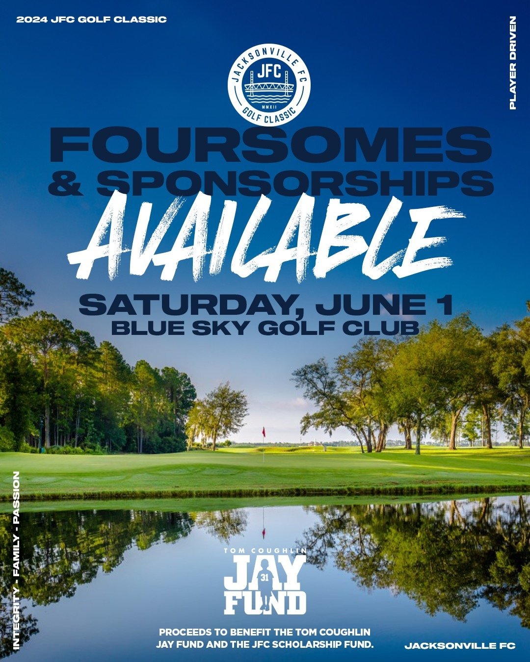 Calling all Golfers &amp; Sponsors!!!

Our Annual JFC Golf Classic is taking place on Saturday, June 1st at Blue Sky Golf Club. Proceeds to help benefit the Tom Coughlin Jay Fund and our JFC Scholarship Fund. 

Foursomes are filling up fast and we st