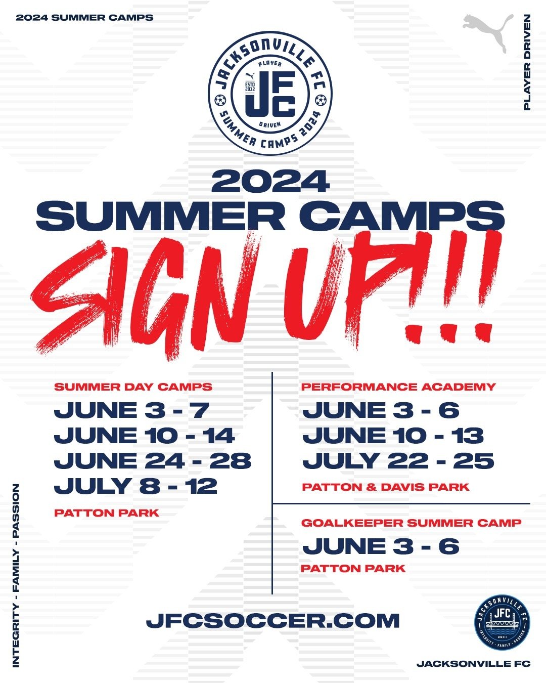 It's not too late to sign up for our JFC 2024 Summer Camps!!! Register today and stay sharp all summer long.

Visit jfcsoccer.com and click CAMPS. Goalkeeper click PROGRAMS and then GK Academy!!!

#PlayerDriven #904JFC