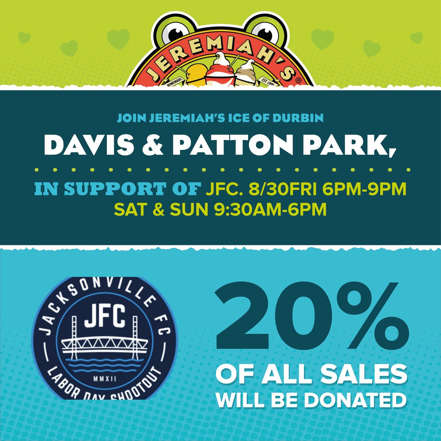 Talk about a SWEET Deal!!!

We want to thank Jeremiah's Ice of Durbin for all the support. Make sure to visit their tents at both Patton Park and Davis Park this weekend. Let's help them run out of product!!! 

#PlayerDriven #904JFC #2024LDSO #LDSO32