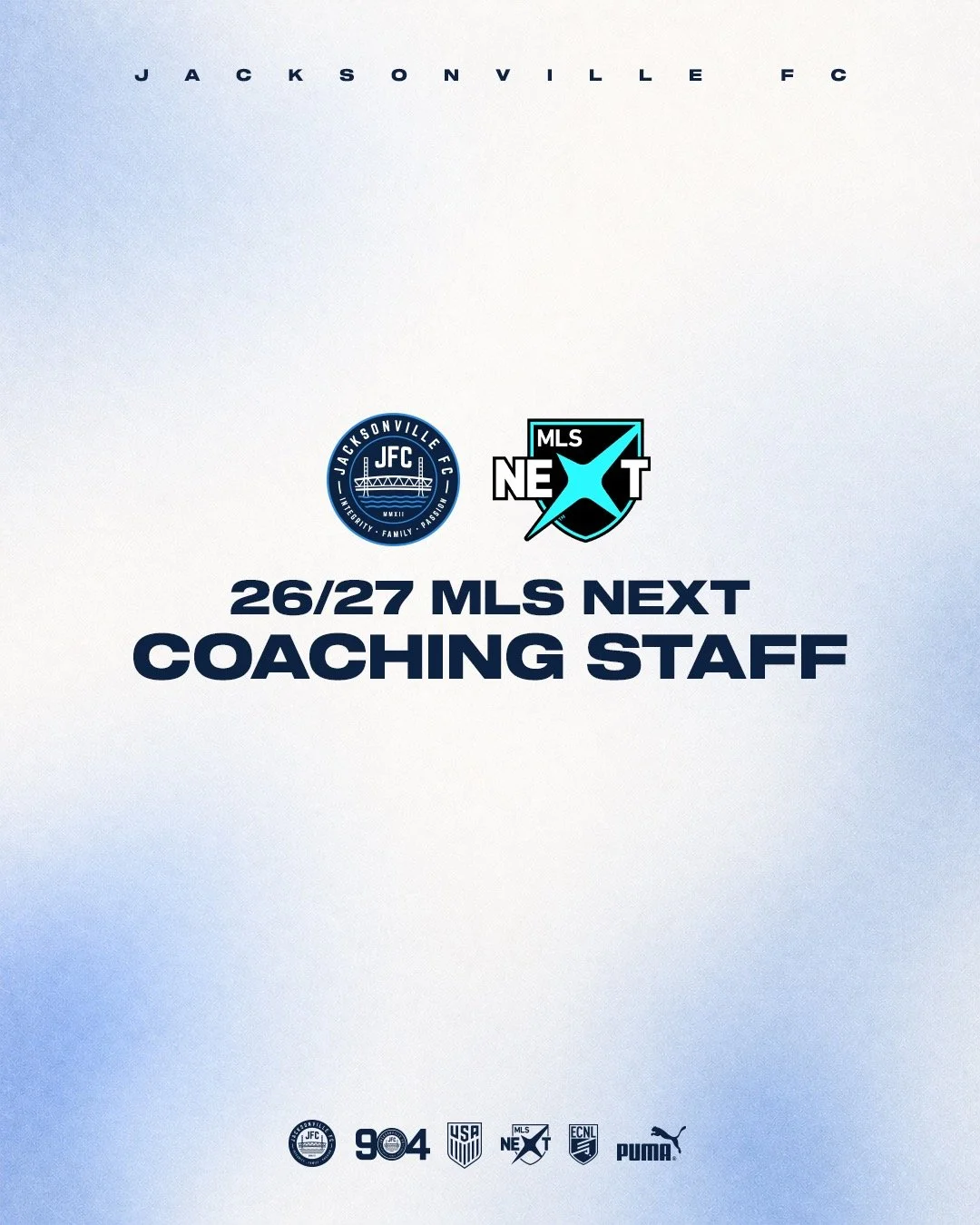Built for the level.

Our 26/27 MLS NEXT Coaching Staff is set. A group focused on pushing players, demanding consistency, and competing in one of the top environments in the country.

Looking forward to the process.

#PlayerDriven #904JFC