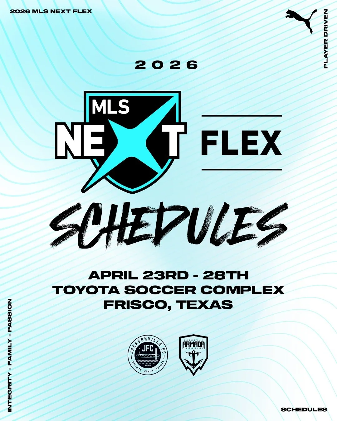 Flex Ready.

Good luck to our JFC U15 MLS NEXT Homegrown group as you head into MLS NEXT Flex in Frisco. A great opportunity to compete, connect, and experience the game at a high level.

Armada U16s and U19s, wishing you the same. Enjoy every moment