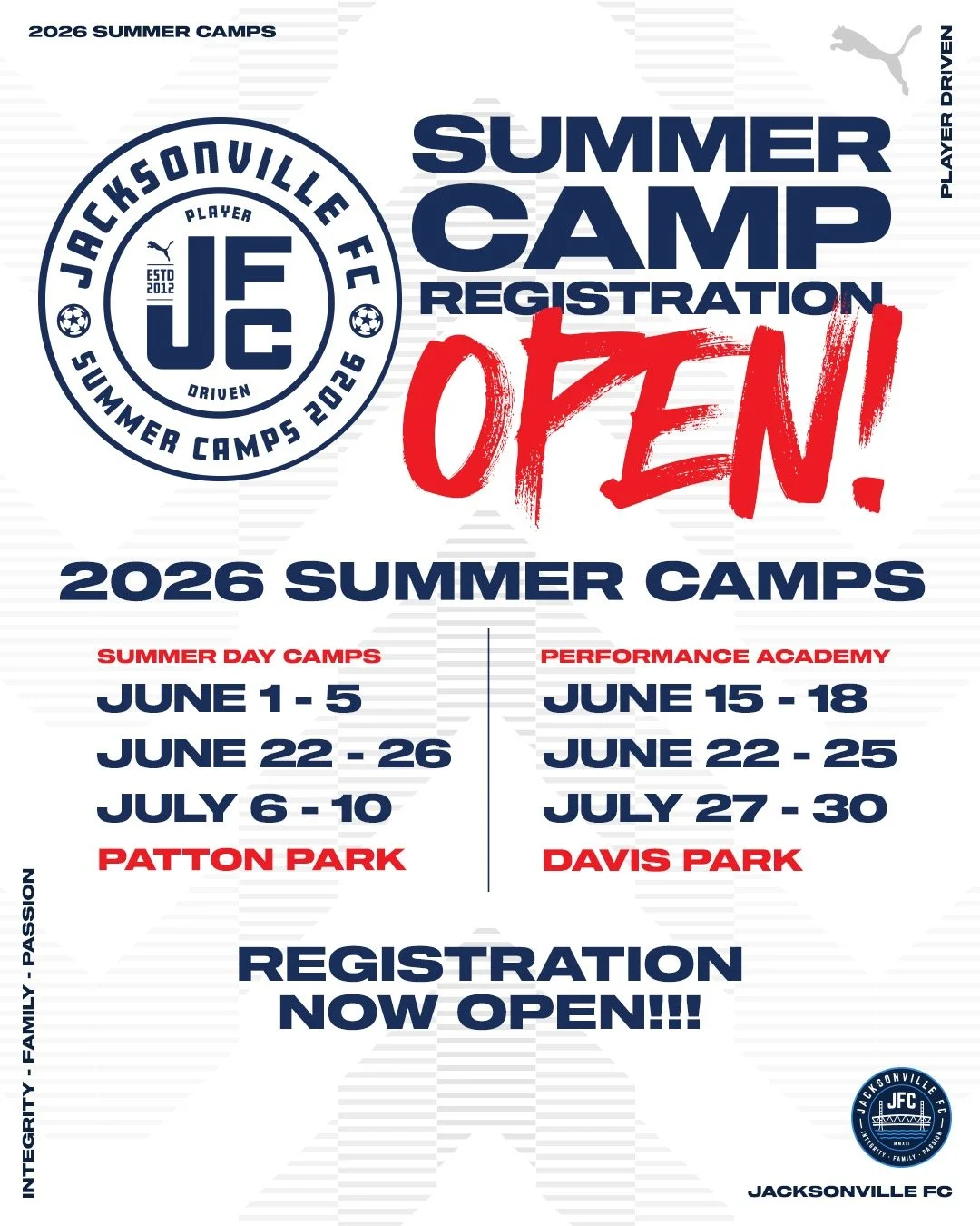 With our spring seasons and tryouts wrapping up.....now summer is calling and we&rsquo;re ready to get after it.

JFC 2026 Summer Camps are open for registration.

From high-energy Day Camps to focused Performance Academy sessions, this is where play