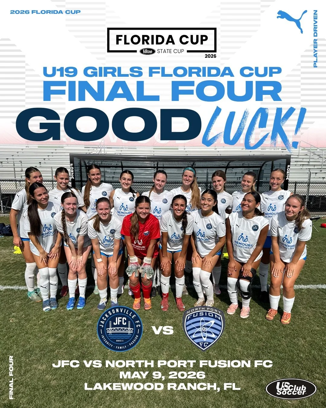 Good luck to our U19 JFC ECNL-RL Girls as they head to Lakewood Ranch this weekend for the Florida Cup Final Four.

A huge opportunity to compete against some of the top teams in the state and represent Jacksonville FC on a big stage. We are proud of