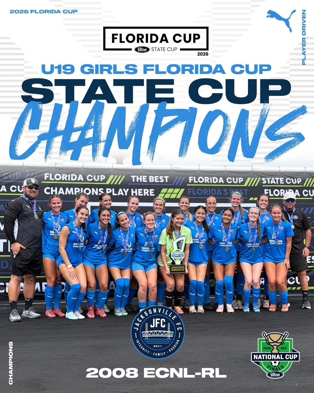 Florida Cup / State Cup Champions!!!

Our 2008 ECNL-RL Girls are headed to the National Cup Finals after an incredible weekend competing against some of the top teams in the state.

Proud of this group for the commitment, resilience, and togetherness