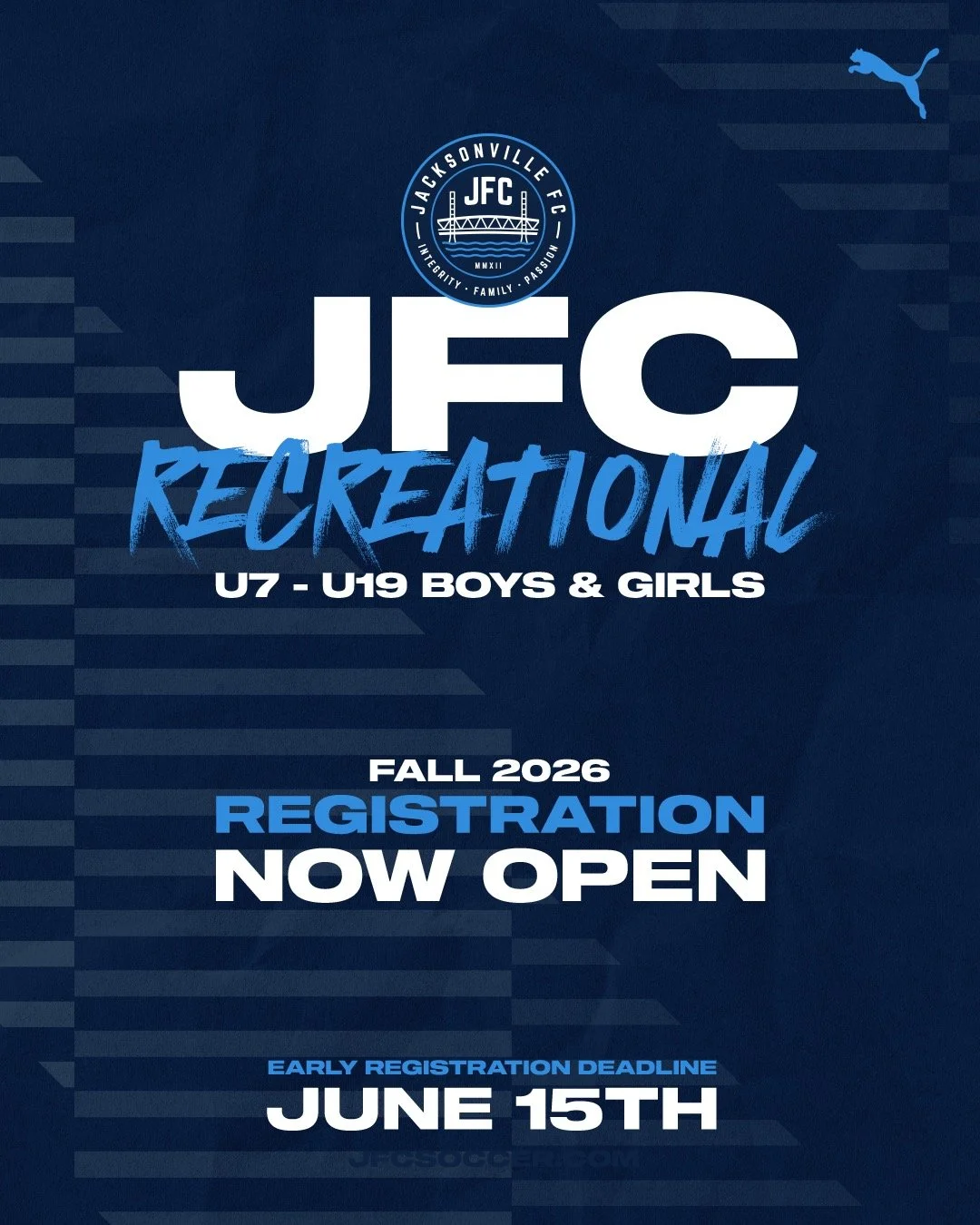 Fall 2026 Recreational Registration is NOW OPEN for U7&ndash;U19 boys &amp; girls at Jacksonville FC.

Whether your player is new to the game or looking to continue developing in a fun and positive environment, JFC Recreational Soccer provides opport