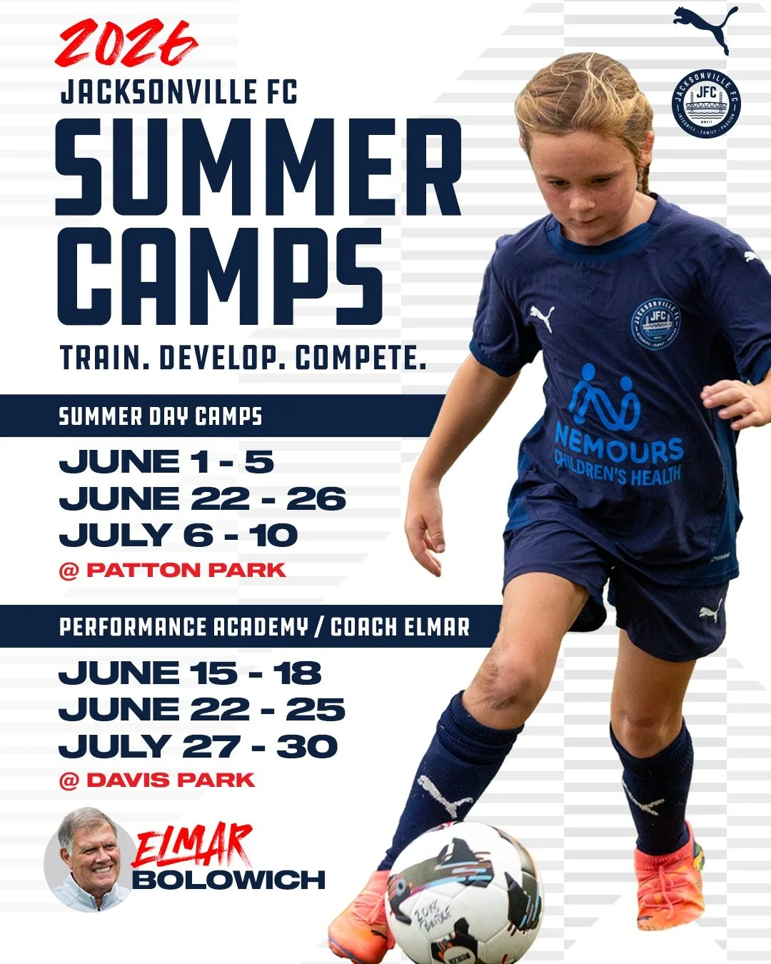 This summer, give your player the opportunity to stay active, build confidence, make new friends, and enjoy the game in a fun and positive environment with Jacksonville FC Summer Camps.

Our Summer Day Camps at Patton Park are perfect for players loo