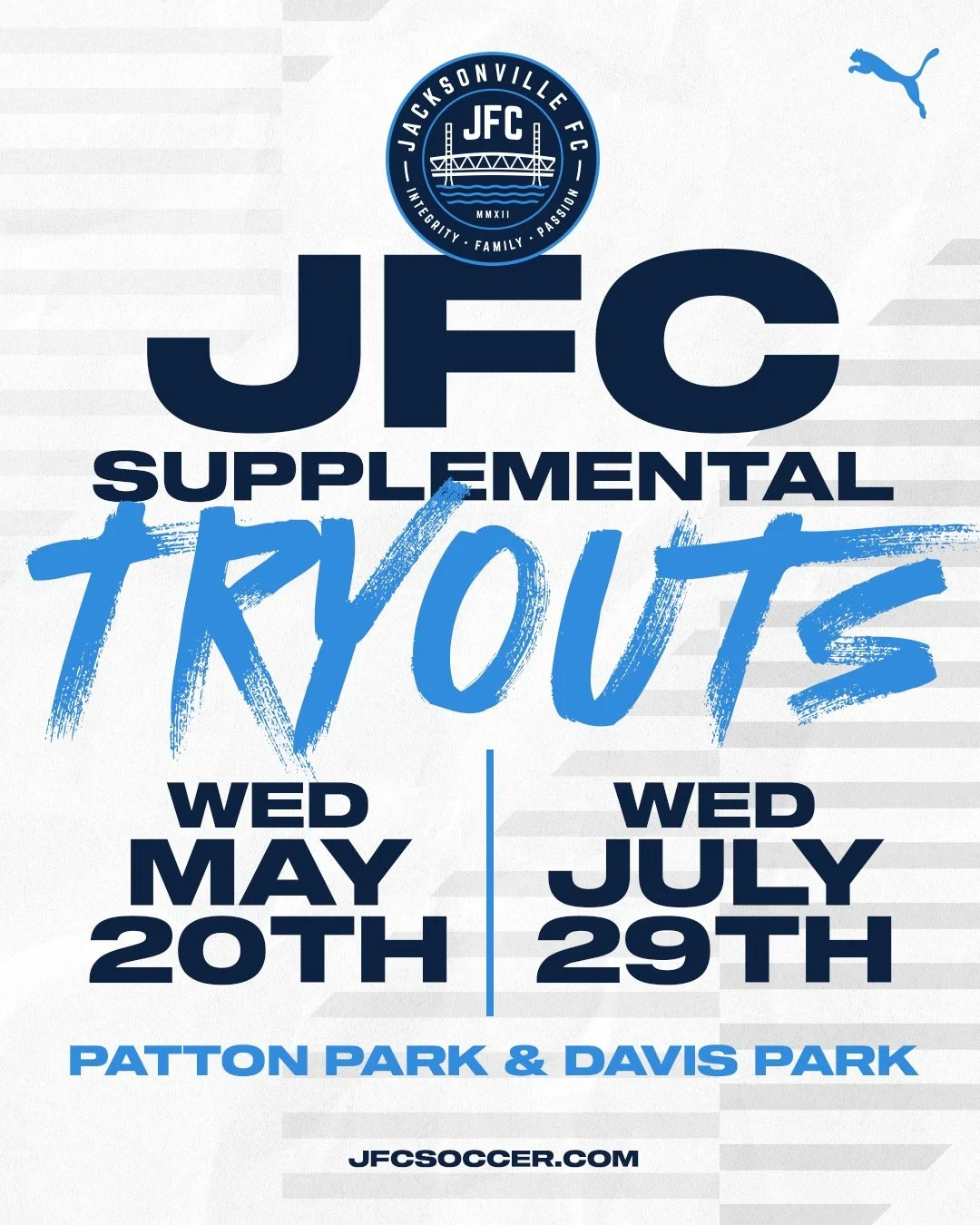 JFC Supplemental Tryouts have been UPDATED.

We have added age groups, field assignments, and times for our 2026 JFC Supplemental Tryouts on Wednesday, May 20th.

We have also added an additional supplemental tryout date on Wednesday, July 29th. More