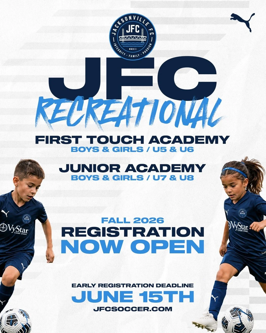 Fall registration is now open for our JFC First Touch Academy and JFC Junior Academy programs. 

Whether your child is just getting started or continuing to grow their love for the game, our recreational programs provide a fun, positive, and developm