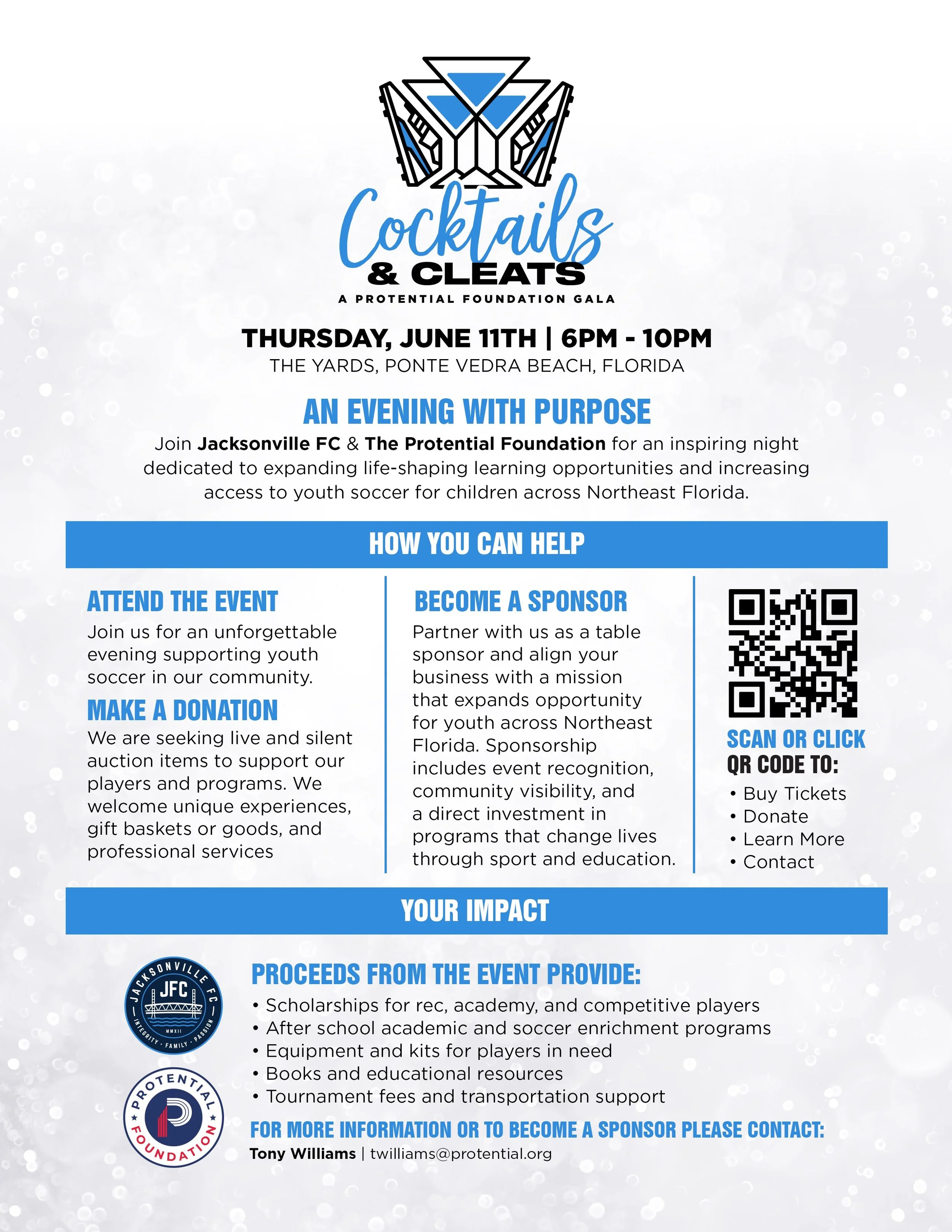 Join us for Cocktails &amp; Cleats, an evening supporting the Protential Foundation, a nonprofit using the power of soccer to transform the lives of youth in under-resourced communities across the Jacksonville metro area.

Enjoy cocktails, chef-curat