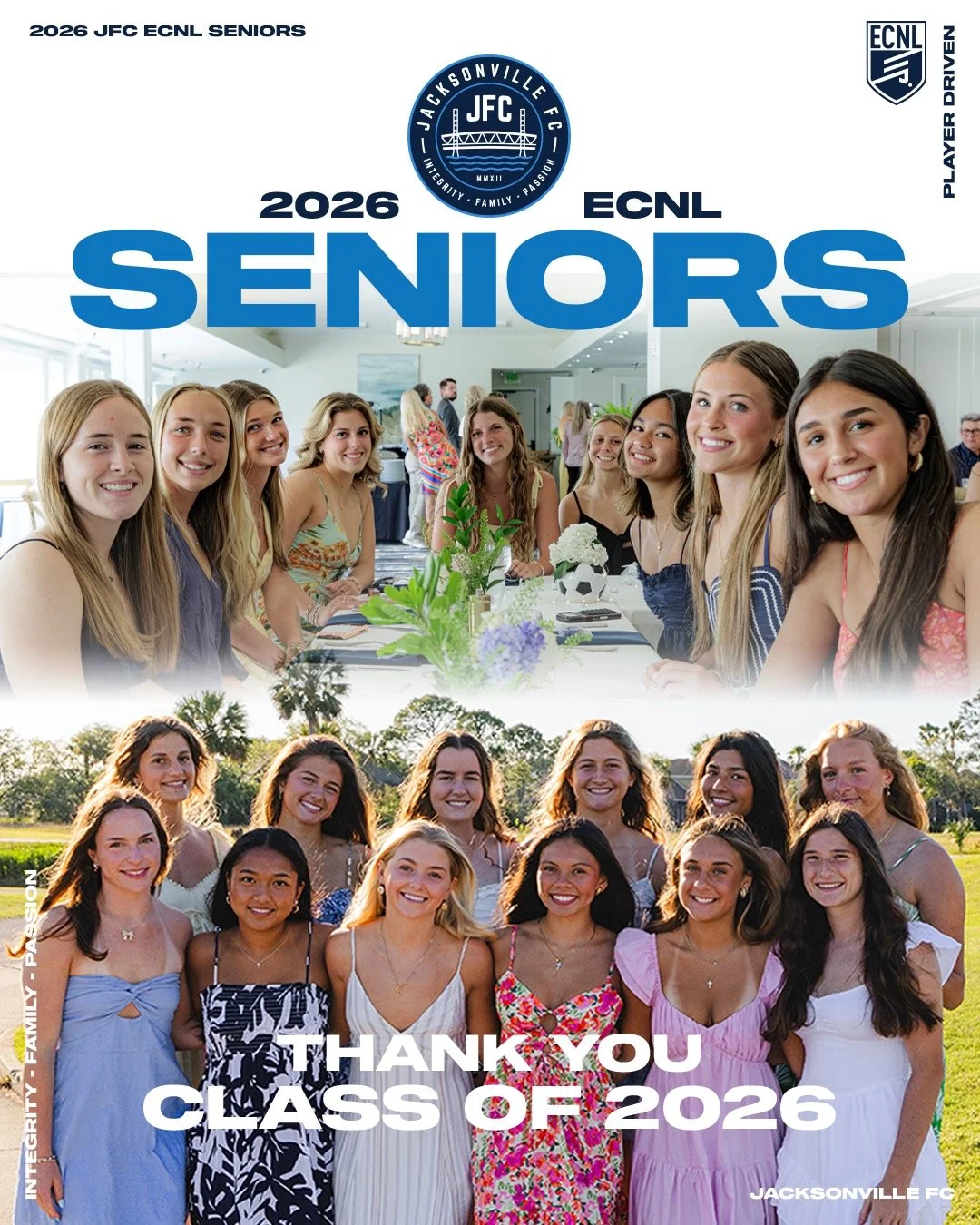 Our 2026 JFC ECNL Girls Seniors were recognized this month at the JFC ECNL Girls Senior Banquet held at Marsh Landing Country Club.

It was a special evening celebrating an incredible group of young women who have represented Jacksonville FC with pas