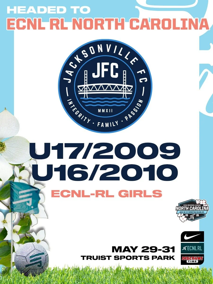 Good luck to our JFC ECNL-RL Girls teams as they head to North Carolina this weekend for the ECNL-RL North Carolina event.

Safe travels to all of our players, coaches, and families as our U17/2009 and U16/2010 groups represent Jacksonville FC agains