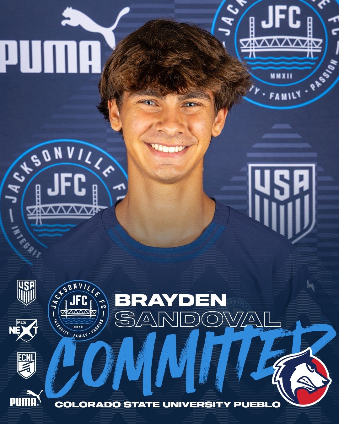Jacksonville FC is proud to announce that Brayden Sandoval has committed to continue his academic and soccer career at Colorado State University Pueblo.

Brayden has consistently brought energy, passion, and a competitive spirit to everything he does