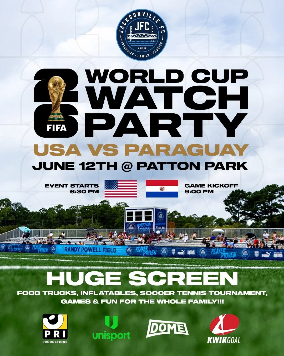 The countdown is on.

We're turning Patton Park into Jacksonville's World Cup headquarters on Friday, June 12th for USA vs. Paraguay.

Kickoff isn't until 9:00 PM, but the fun starts at 6:30 PM with activities, food, and plenty of soccer.

- FREE TO 