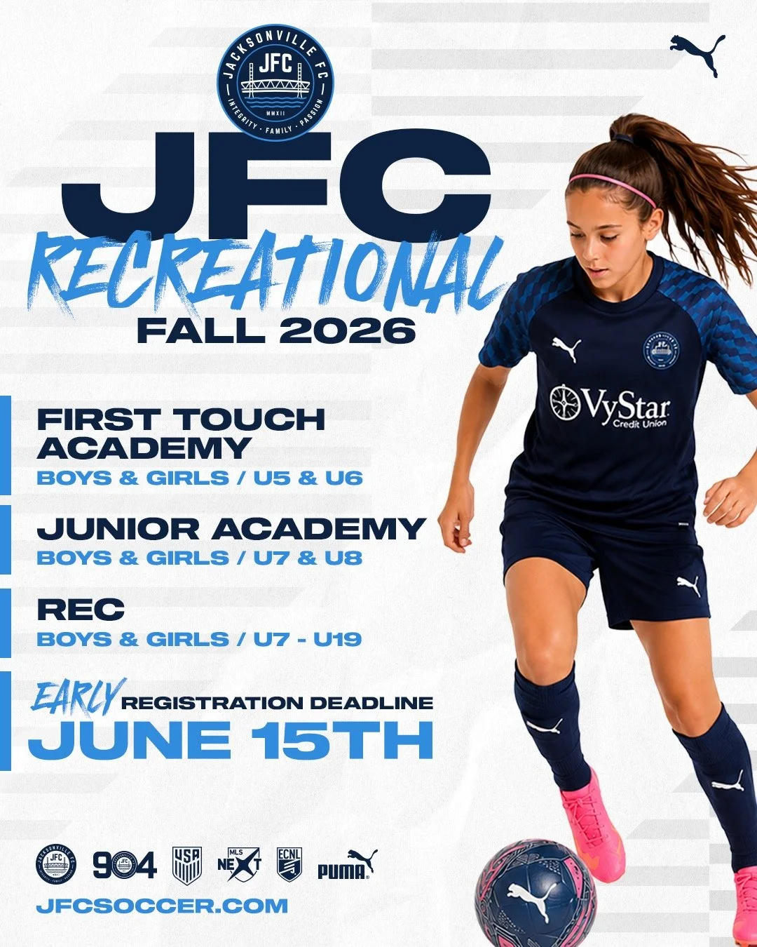 Our Fall 2026 JFC Recreational Programs are already filling up fast. Register your player today. 

From first-time players learning the game to experienced players looking for a fun and positive environment, JFC has a program for every stage of devel