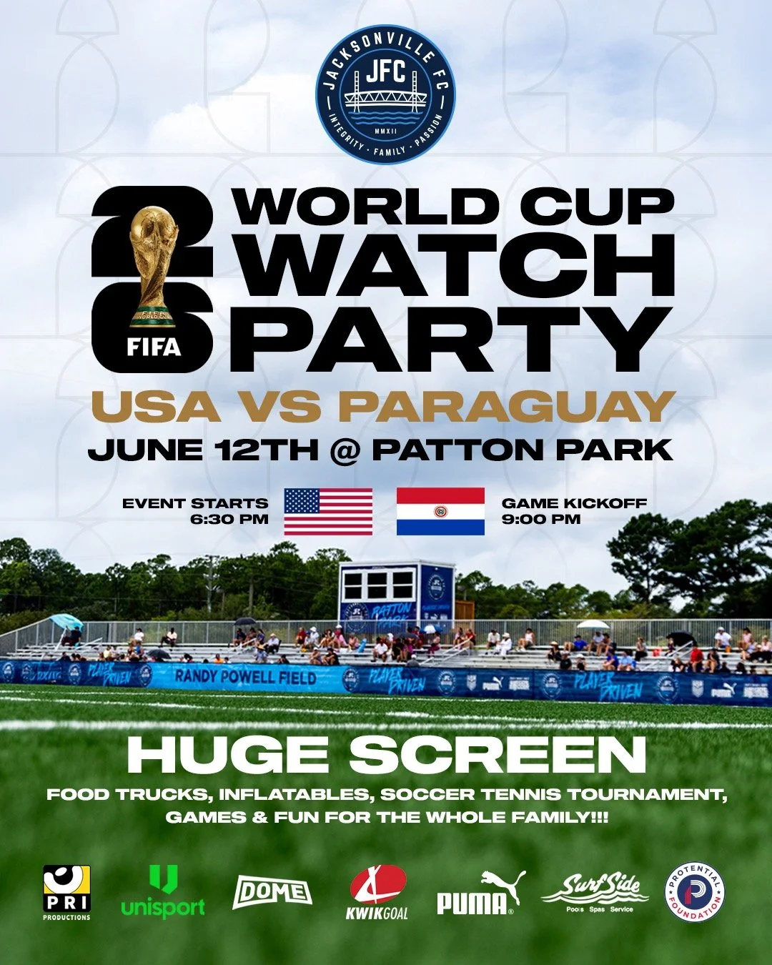 The Ultimate World Cup Watch Party Just Got Better.

Join us on Friday, June 12th at Patton Park as our USMNT takes on Paraguay on the huge screen. Be sure to stop by the Patton Park office area for some special guests and a free giveaway.

MEET, GRE