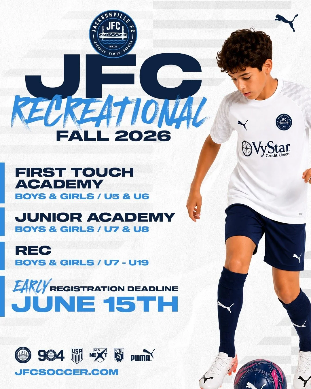 Our Fall 2026 JFC Recreational Programs are already filling up fast. Register your player today. 

From first-time players learning the game to experienced players looking for a fun and positive environment, JFC has a program for every stage of devel