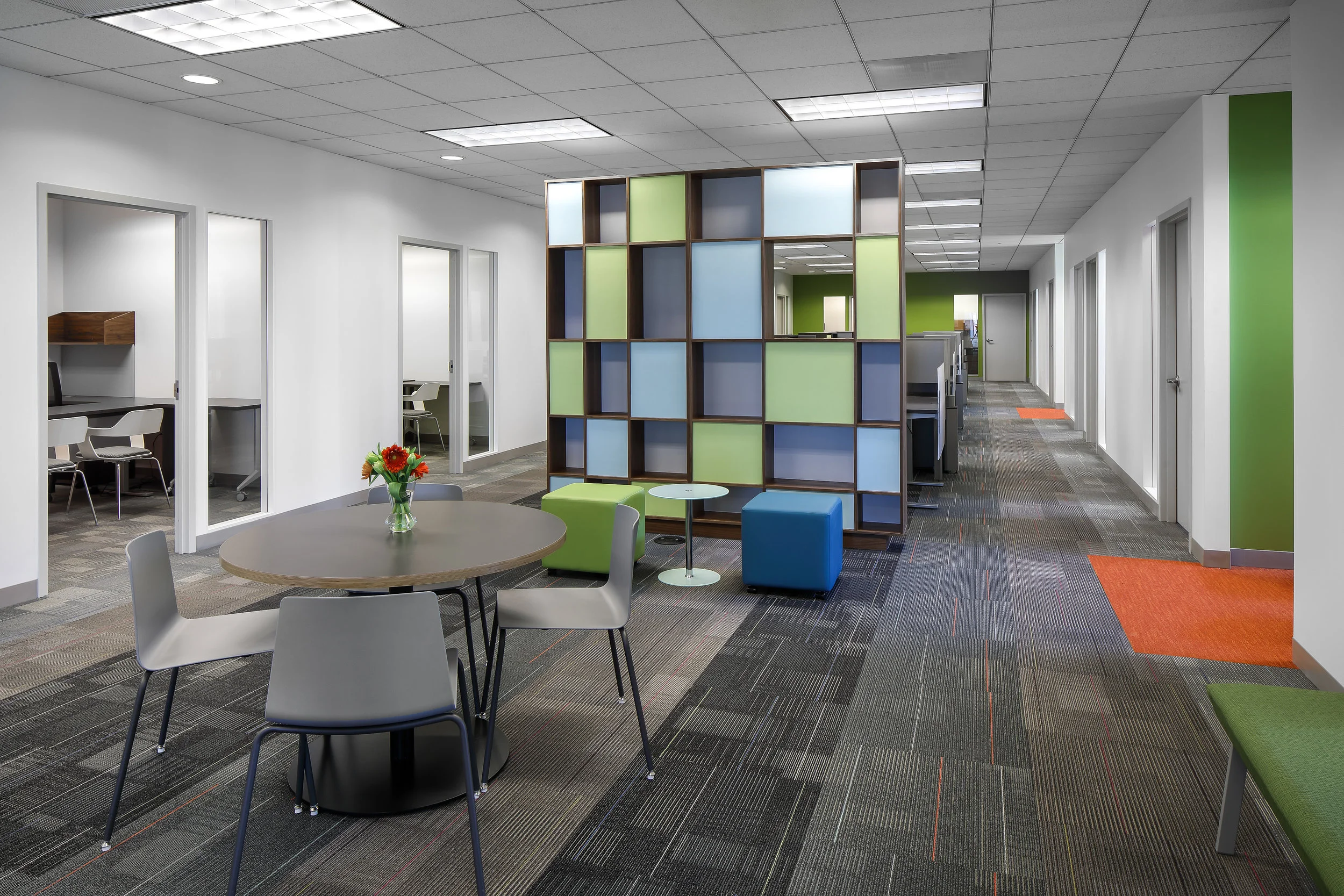 Equal Measure , Philadelphia, PA Equal Measure provides philanthropic services to many nonprofits and organizations. Their office relocation project consists of interior renovations of doors/frames/hardware, partitions, finishes, ceilings, and MEP and FP equipment. The tenant fitout includes 5,700 SF of usable new offices, conference rooms, kitchenette, IT room, meeting spaces and new furniture tile ceilings. Custom furniture was designed utilizing local vendors to enrich the environment. Light fixtures, casework, plumbing fixtures and re-configured mechanical, electrical, and plumbing systems also support the renovation. Photography by Matt Wargo