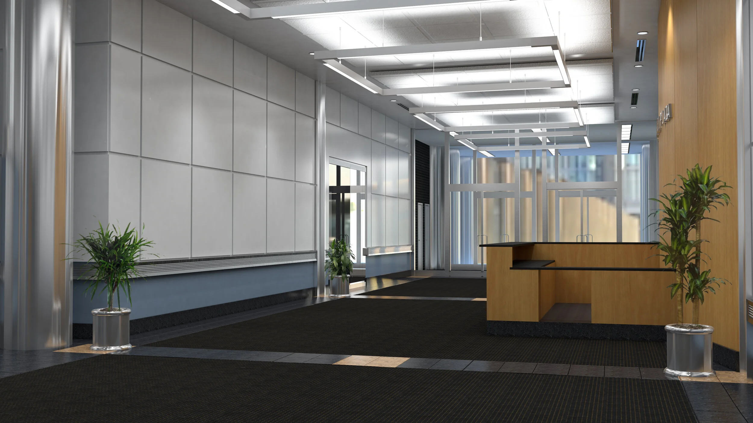One Drexel Plaza , Philadelphia, PA Our Studio designed and detailed a significant main lobby renovation at One Drexel Plaza in University City. Design priorities were first, improved interior general and security lighting; second, improved acoustic conditions; and third, updated finishes and furnishings on all surfaces. We designed and developed custom lighting fixtures to resolve a site specific lighting condition.