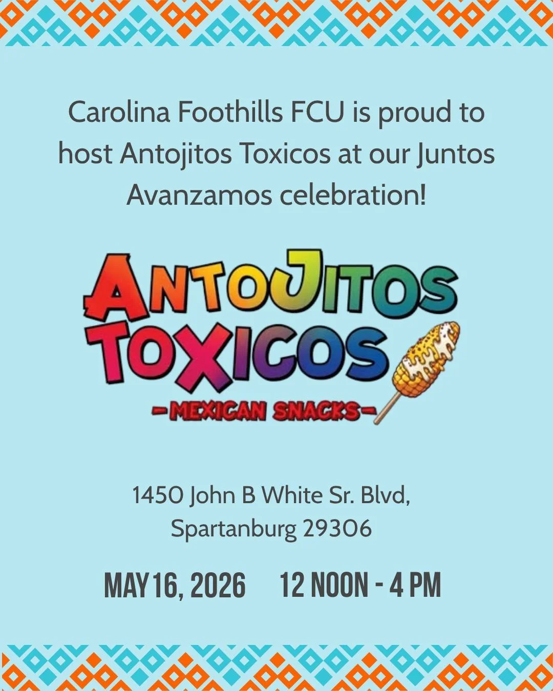 Feeling hungry?
Grab your friends and family and party with CFFCU on May 16, as we celebrate our new Juntos Avanzamos designation! 🎉

We'll be celebrating our local community and shared Hispanic heritage with food trucks, dancing, giveaways, and mor