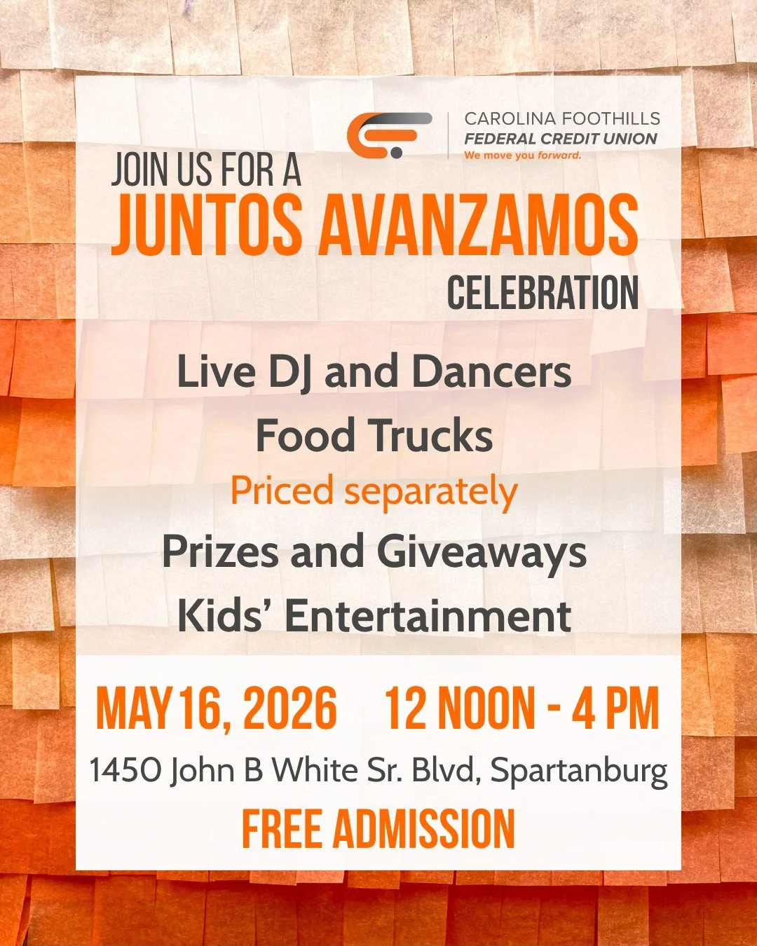 ✨FREE ADMISSION✨
May 16, 2026. 12 Noon - 4 PM
1450 John B White Sr Blvd, Spartanburg SC

🌮Food Vendors😋
Antojitos Toxicos
Mezcal Taberna Mexicana Restaurant
Shaa Bingo Jamaican Street Food
Proc&rsquo;s Kitchen
Denny&rsquo;s Grill

🪩Entertainment🪅