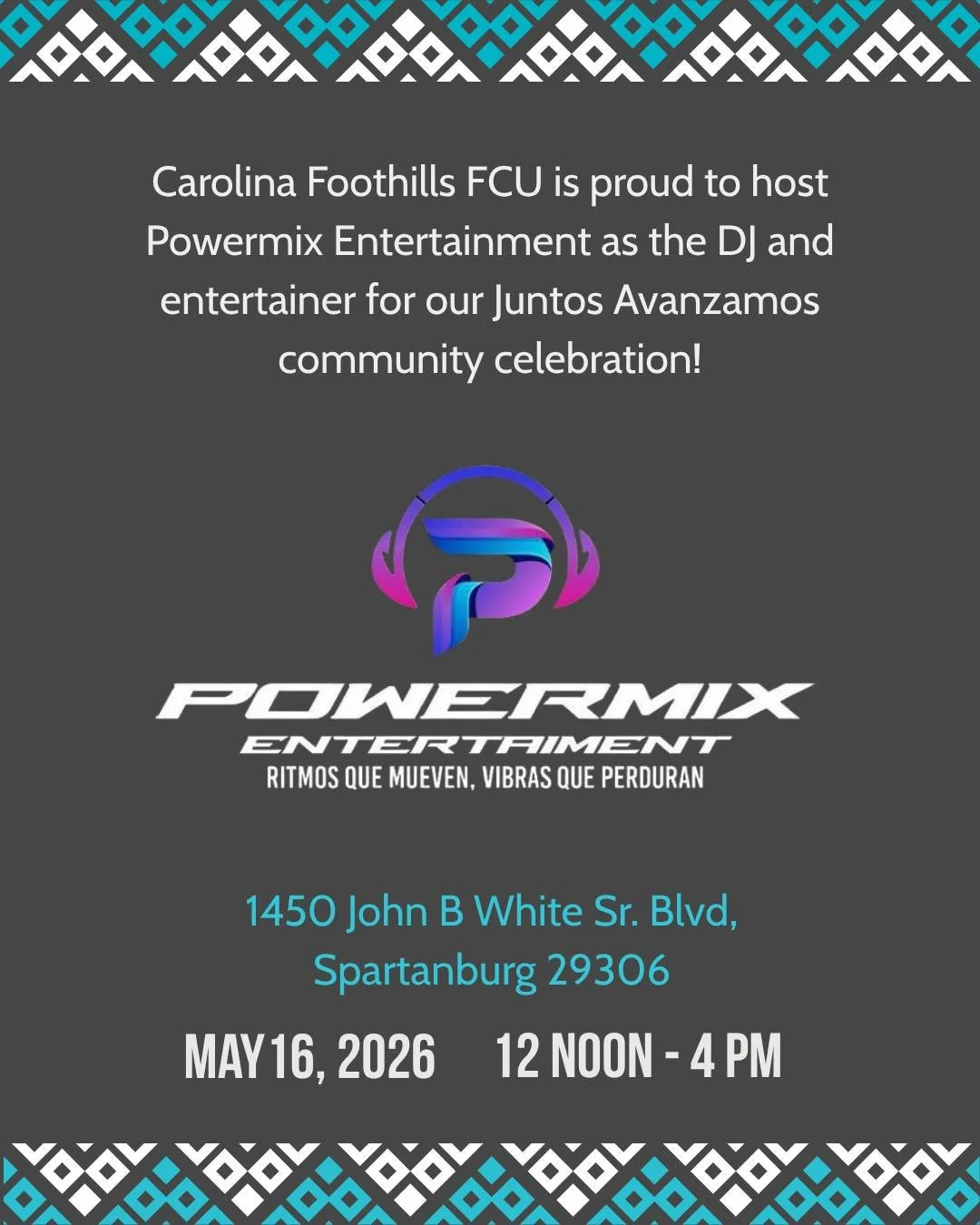 Grab your friends and family and party with CFFCU on May 16, as we celebrate our new Juntos Avanzamos designation! 🎉

We'll be celebrating our local community and shared Hispanic heritage with food trucks, dancing, giveaways, and more.
🧡🧡🧡
FREE A