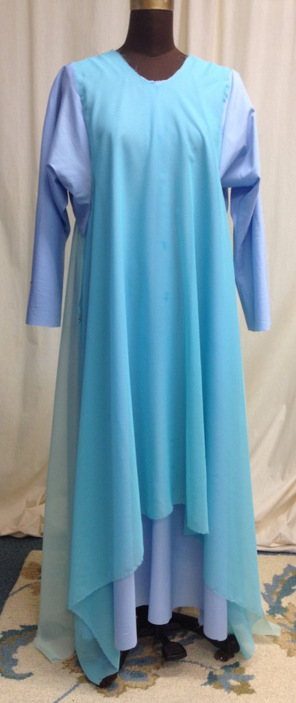 My first attempt at draping the front in inexpensive chiffon, having the selvage all the way across the lower edge. Now I was getting very close to what I wanted.