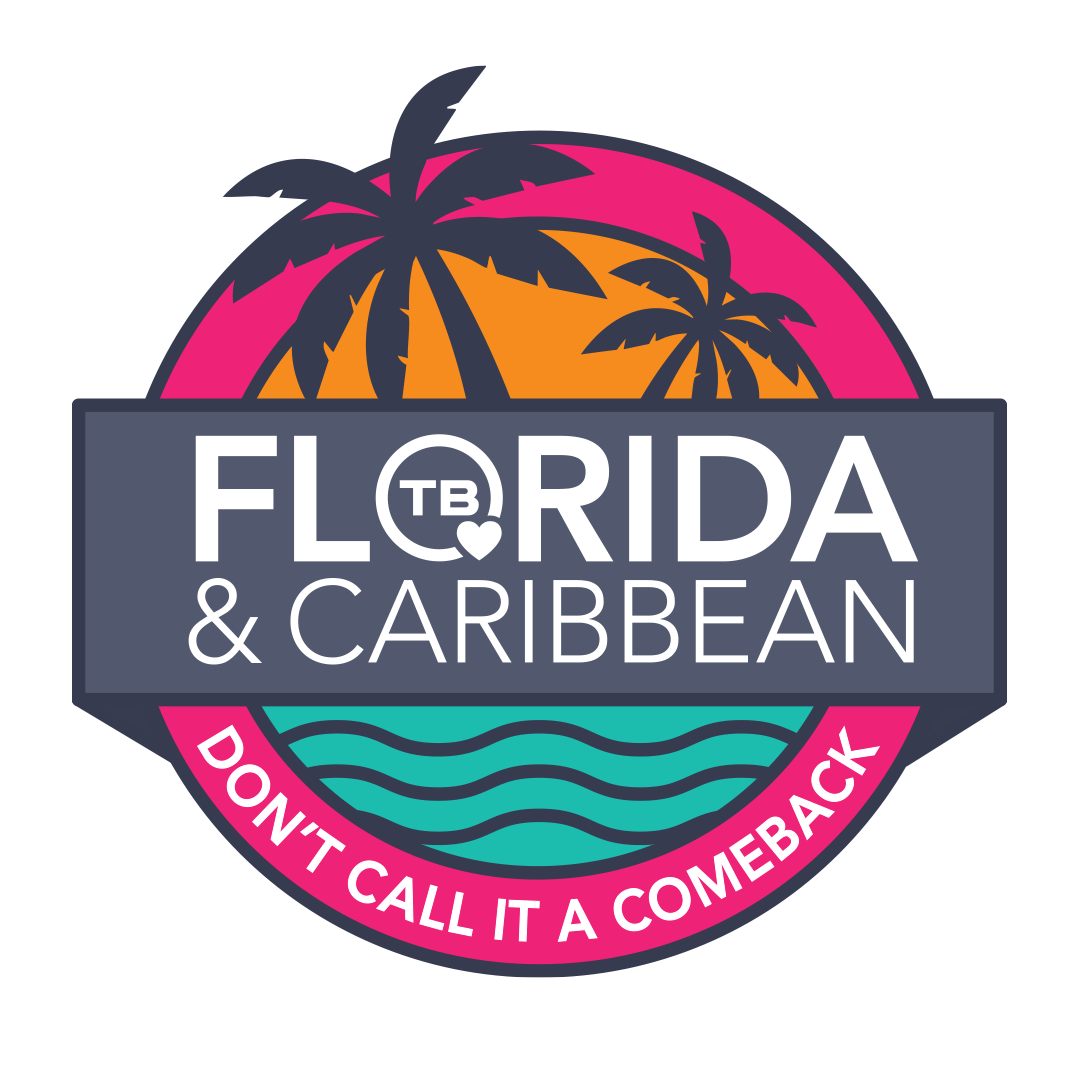Logo with palm trees, sunset, waves, and text promoting Florida and Caribbean tourism, with a slogan 'Don't call it a comeback'
