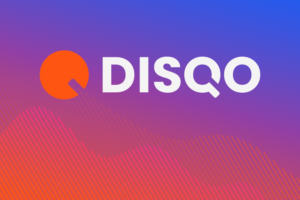Colorful logo for DISQO featuring a stylized quarter circle with a line, against a gradient background with pink, purple, and blue hues.