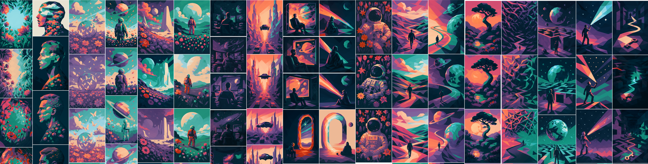500+ images approved and deployed. 2,400+ generated, each with slight variations in color and composition as seen here. A library built for scale, available org-wide on demand, reducing asset turnaround by 57%.